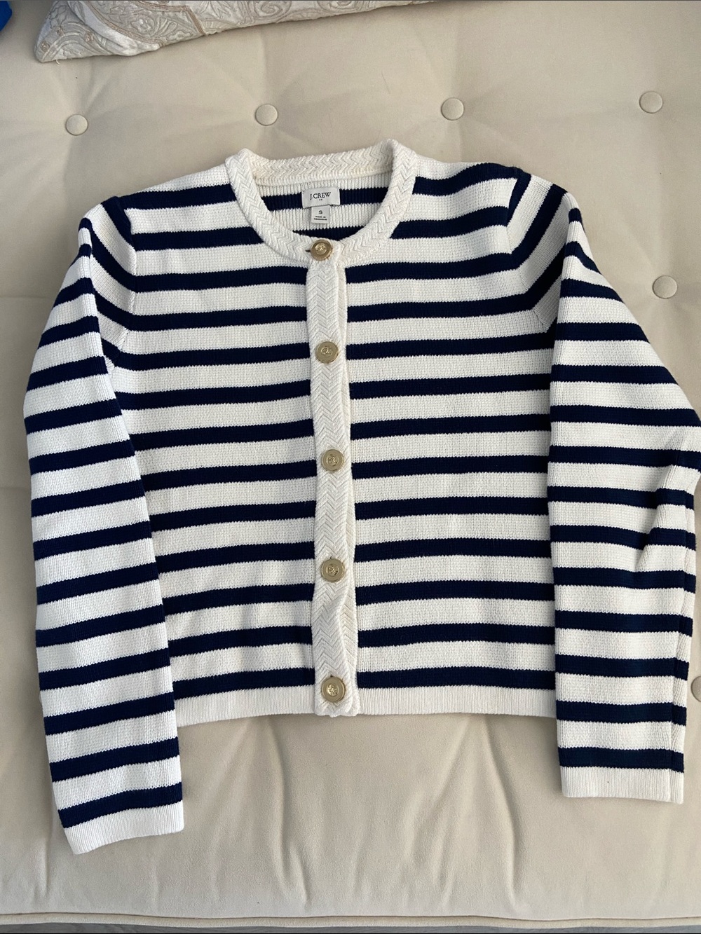 J. Crew White and Navy Striped Cotton Crewneck Cardigan
